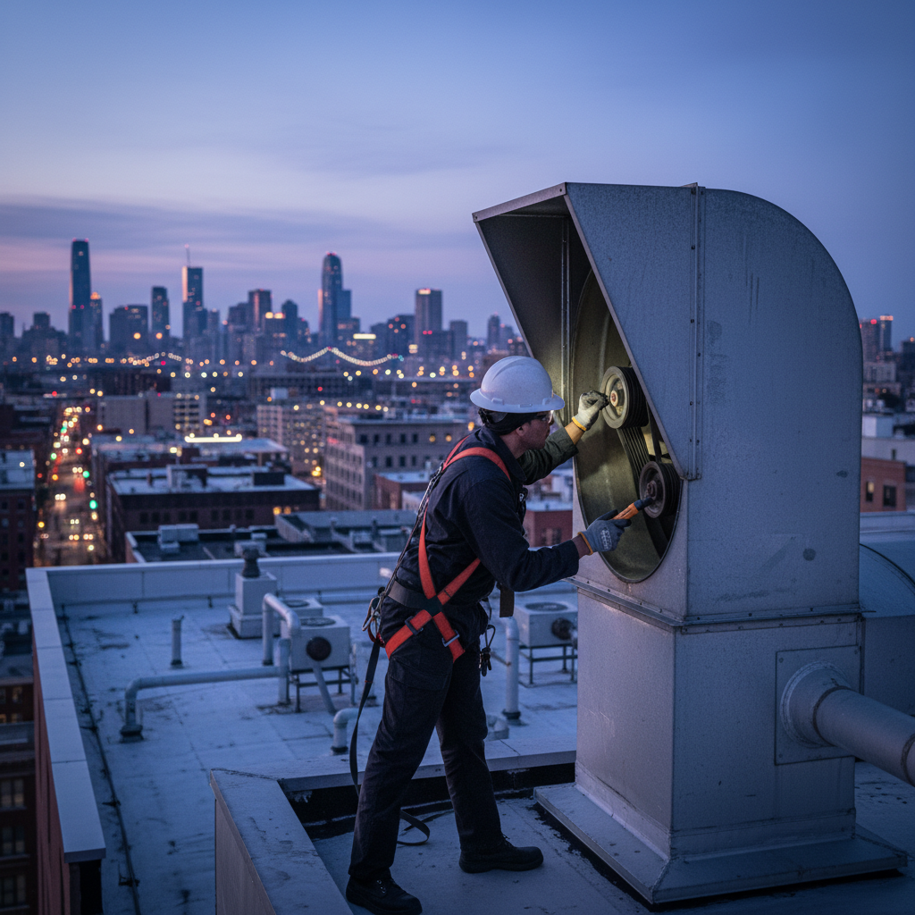 Technician opening rooftop exhaust fan housing at dusk to inspect and replace a worn fan belt on an Ontario restaurant