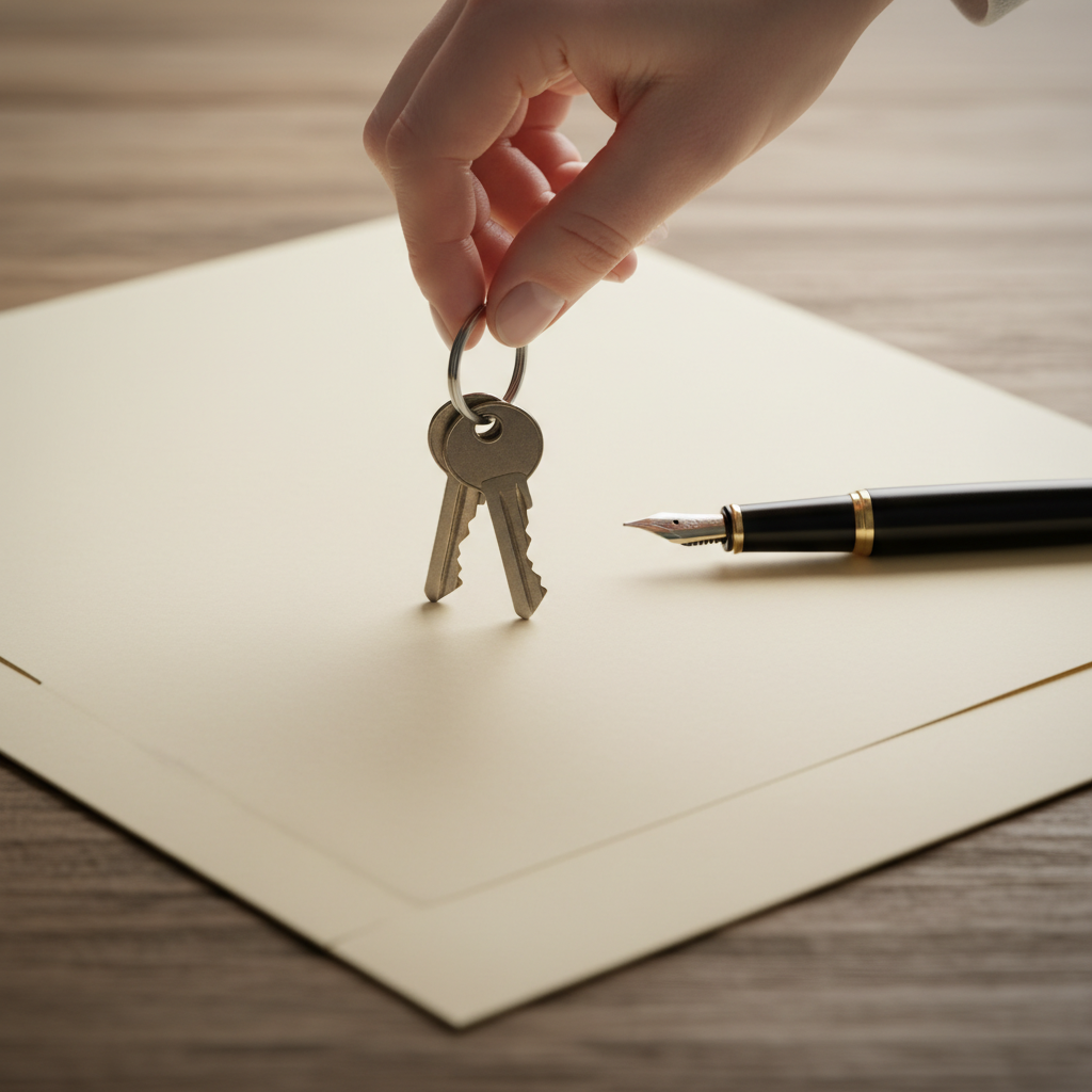 Close-up of house keys and pen on folder representing the property title transfer process in Toronto