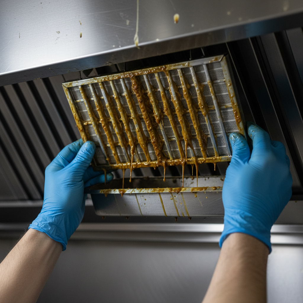 Close-up of greasy baffle filter removal during NFPA 96 certified hood cleaning in Ontario commercial kitchen