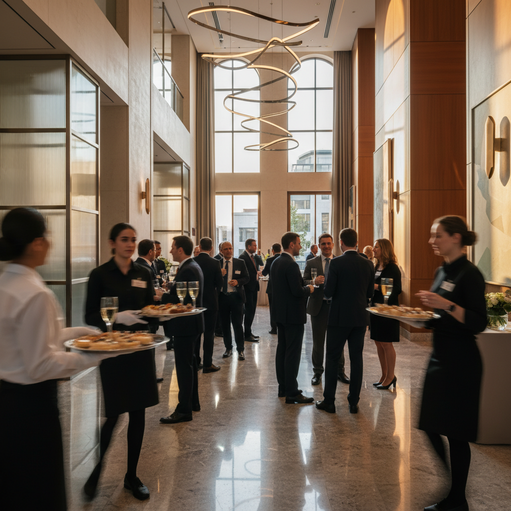 Corporate cocktail reception in a modern Mississauga event foyer with servers and canapés at Palacio Event Centre