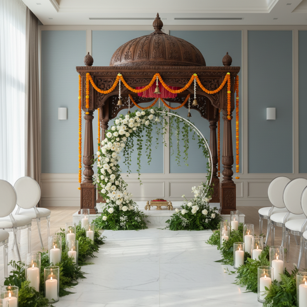 Ceremony setup with a South Asian-inspired mandap and modern white floral arch in a contemporary ballroom in the GTA