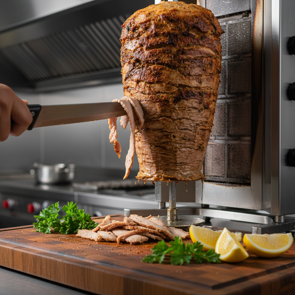 Close-up of authentic shawarma carved from rotisserie in Toronto with crispy edges and juicy slices
