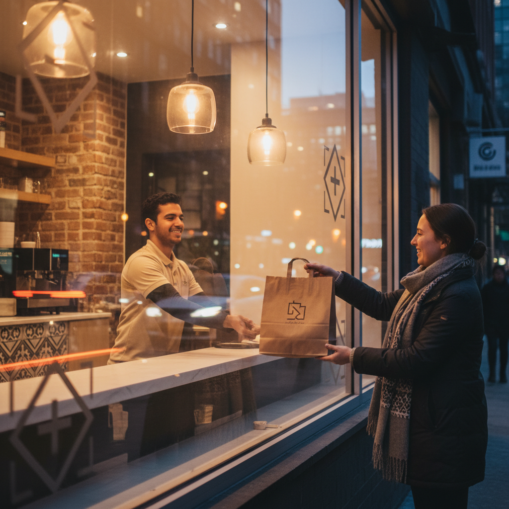 Evening takeout at a Middle Eastern restaurant in downtown Toronto with warm lights and street reflections