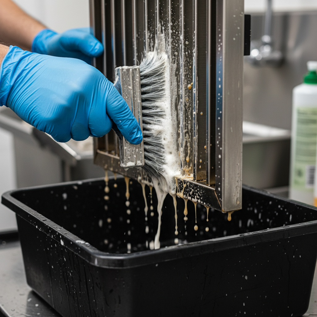 Close-up of baffle filter degreasing during emergency restaurant hood cleaning, showing grease removal and stainless steel finish