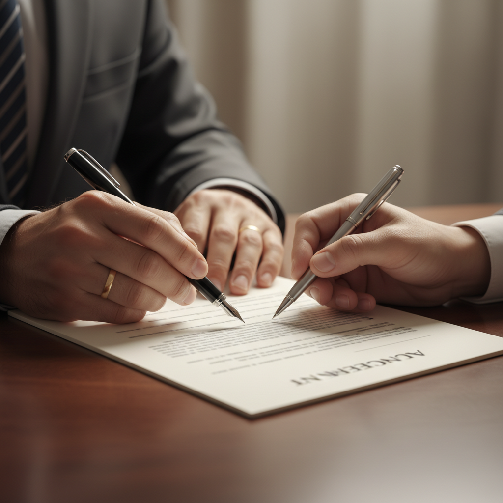 Close-up of a client reviewing a legal agreement for independent legal advice in Toronto, showing signature area and pen