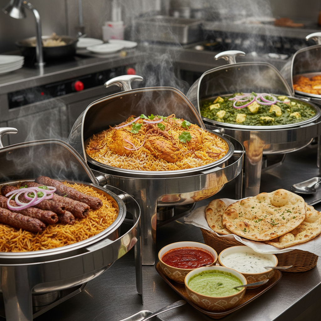 Halal Pakistani wedding buffet with biryani, kebabs, naan, and chutneys at a Mississauga event venue