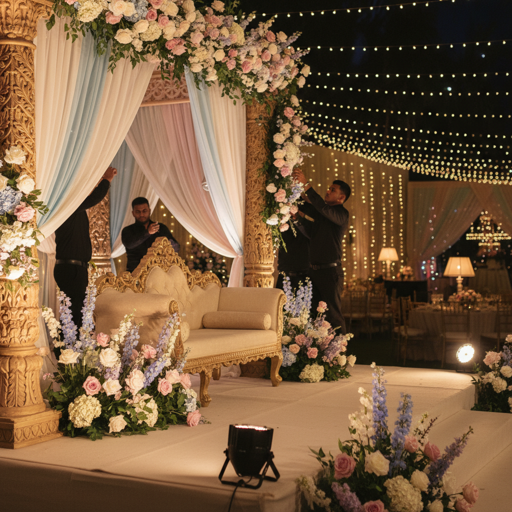 Bridal stage with pastel florals and gold sofa being decorated for a Pakistani wedding reception in Mississauga