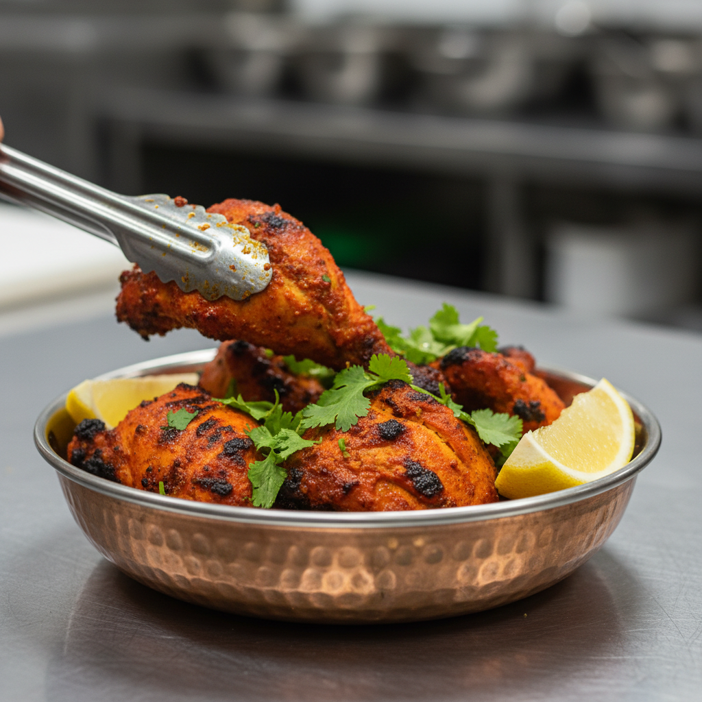 Photorealistic close-up of authentic tandoori chicken plated in a copper dish with fresh cilantro—detail from Indian wedding catering at a modern venue