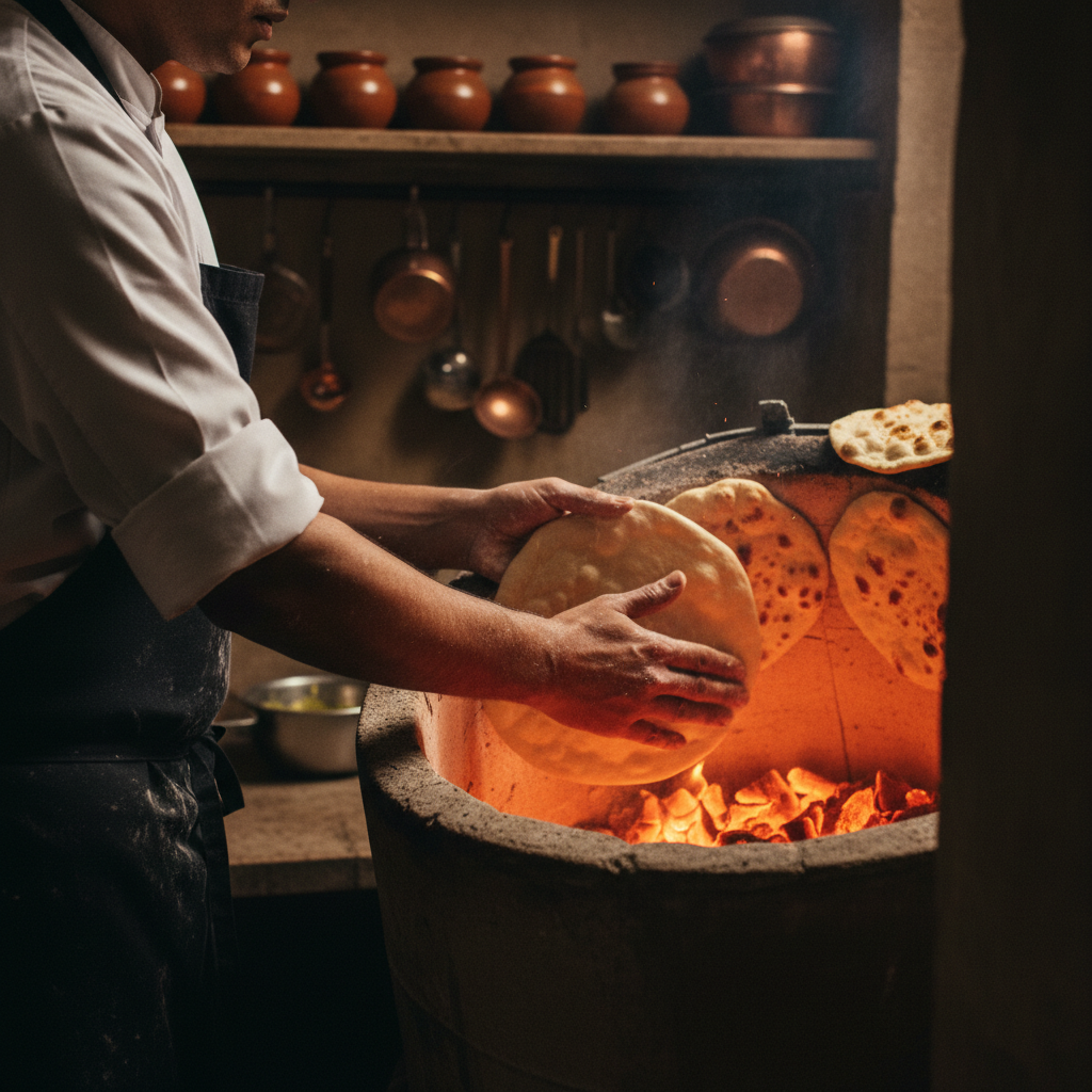 Chef baking naan in a traditional tandoor oven—live Indian catering station suitable for wedding receptions in Woodbridge