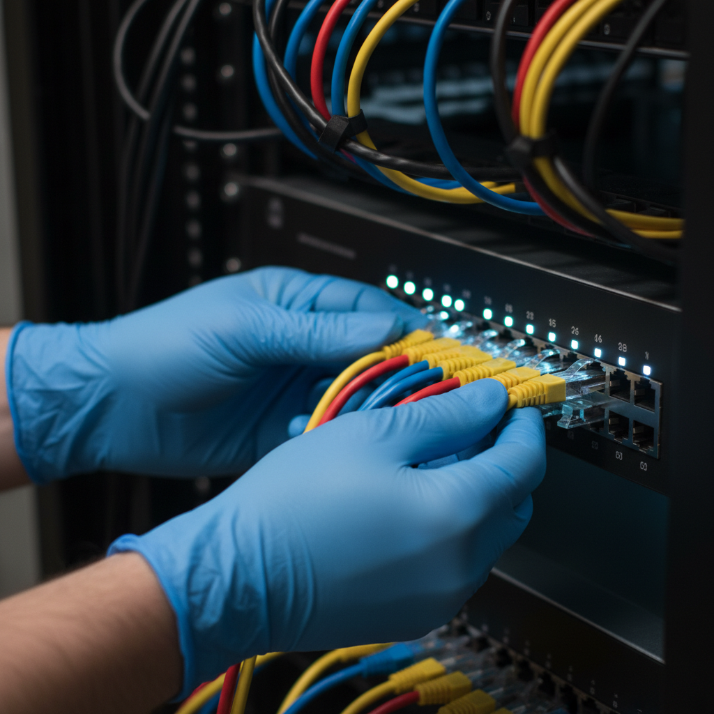 Close-up server rack cabling representing secure Laravel CI/CD deployment pipeline and infrastructure