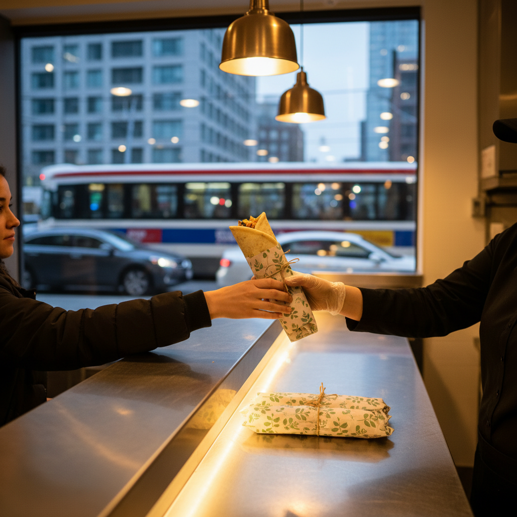 Takeout gyro wrap handoff at a quick-service counter in Toronto, ideal for delivery and pickup