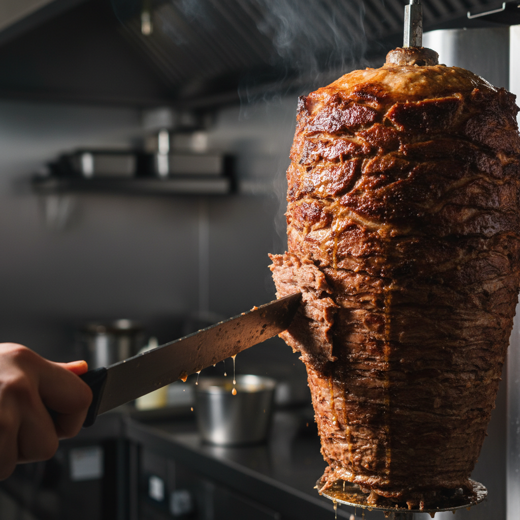 Close-up of gyro meat shaved from a vertical rotisserie, best gyro in Toronto guide, Turkish-style döner texture and caramelized edges