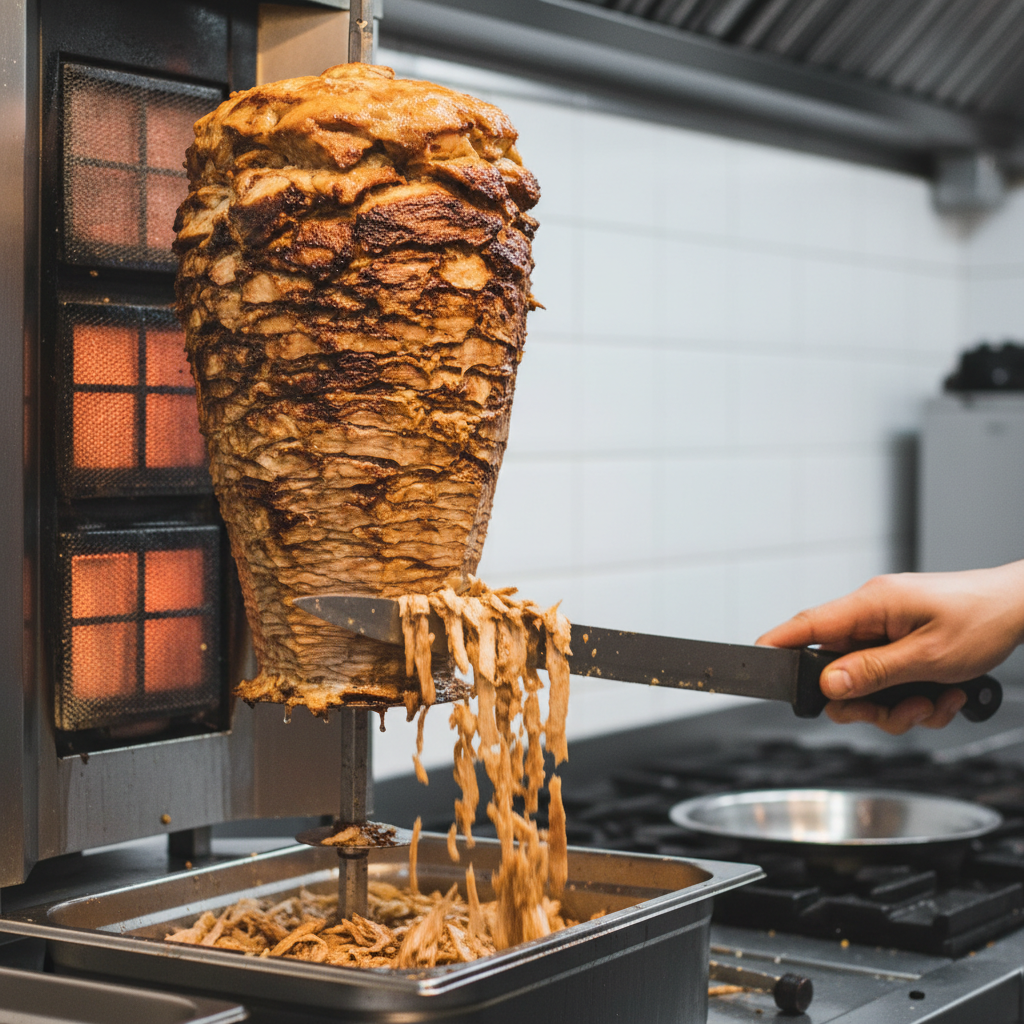 Close-up of authentic Turkish doner shawarma being carved in Toronto
