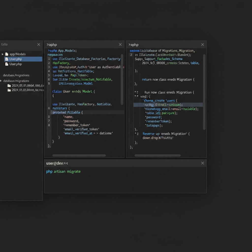 Laravel SaaS code editor showing migrations and php artisan migrate command with clear syntax highlighting