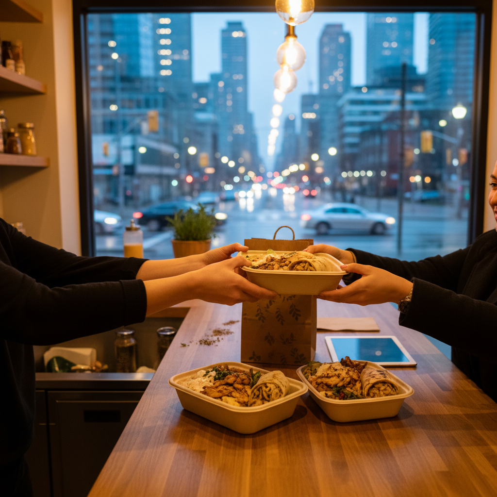 Takeout shawarma bowls and wraps handed to a customer in a warm downtown Toronto restaurant scene