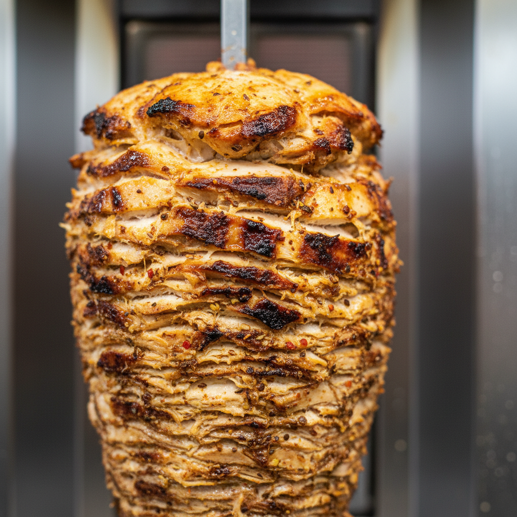 Close-up of chicken shawarma roasting on a vertical rotisserie, crispy caramelized edges and spices, representing authentic casual Middle Eastern dining in Toronto
