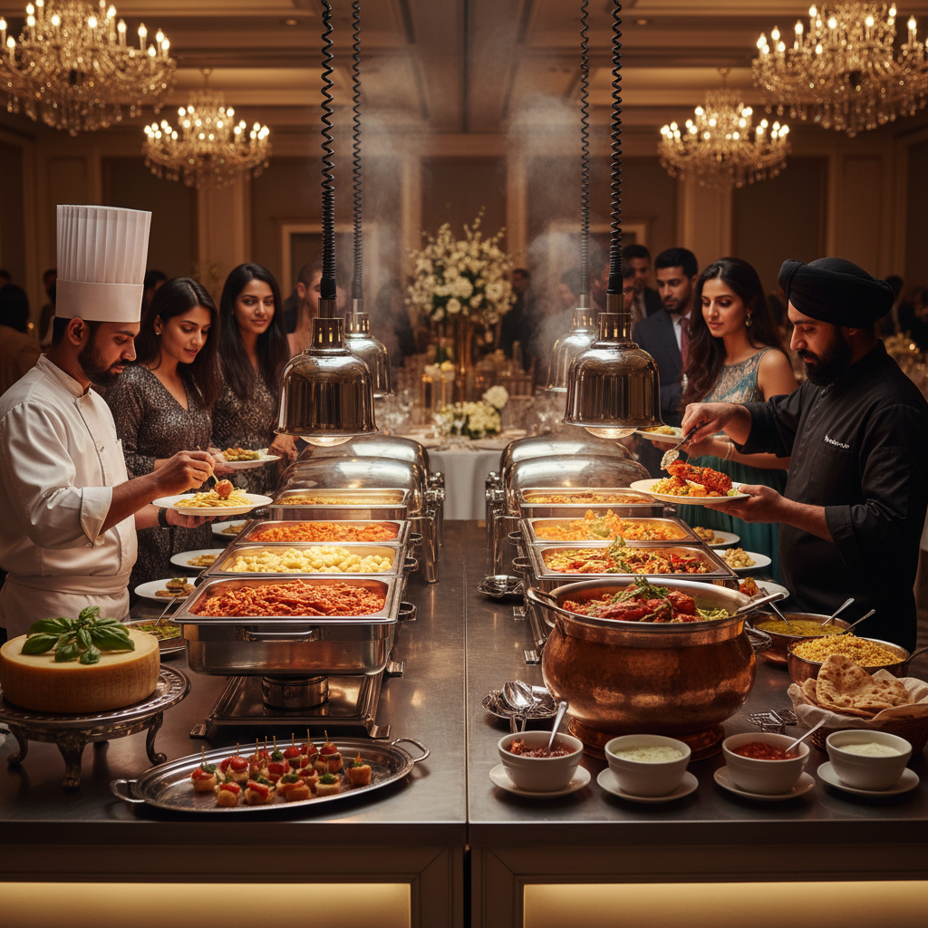 Multi-cuisine live catering stations for a 300-person banquet in Woodbridge