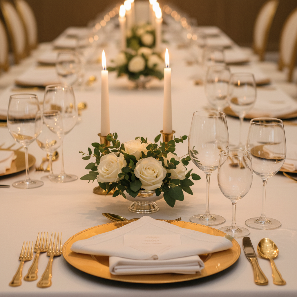 Elegant banquet table setup in a modern Woodbridge venue for a 300-guest event