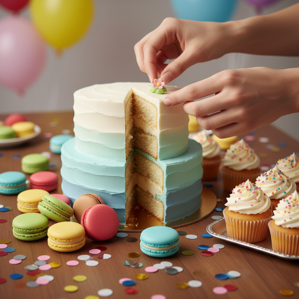 Close-up dessert table with birthday cake and cupcakes at a luxury birthday party venue in Mississauga