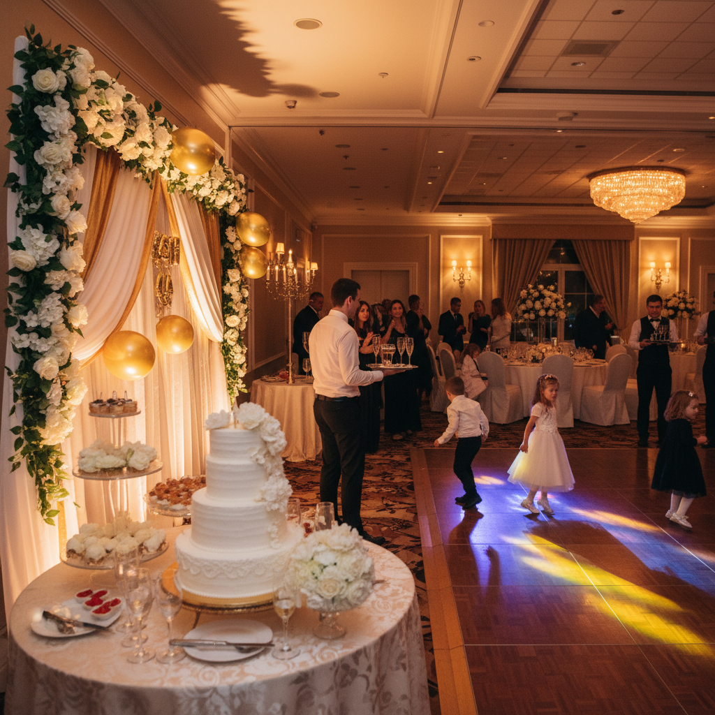 Family birthday celebration with dance floor and warm lighting in a Mississauga banquet hall