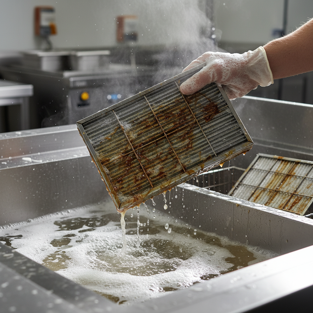 Close-up baffle filter cleaning for NFPA 96 hood system in Ontario restaurant