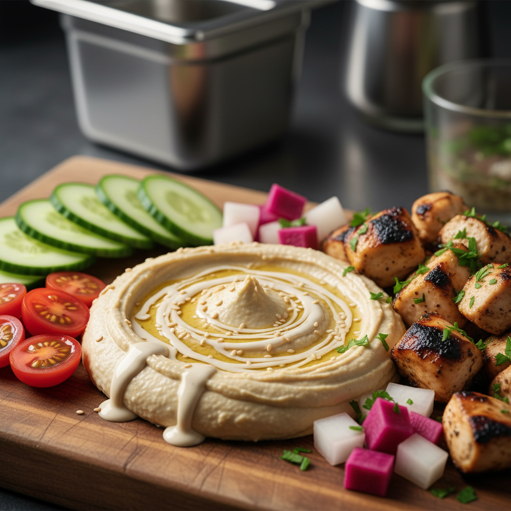 Close-up of dairy-free Mediterranean ingredients like tahini, hummus, cucumbers, and pickled turnips prepped for shawarma plates in Toronto