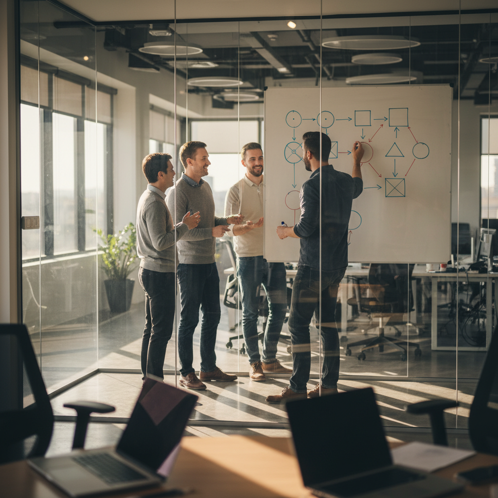 Team collaborating on enterprise Laravel architecture in a modern conference room, planning modular monolith and microservices boundaries