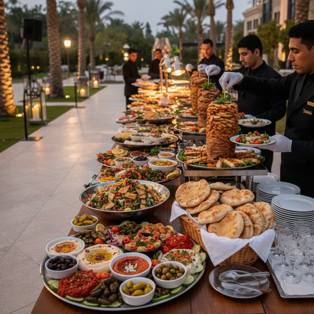 Catering buffet with Turkish and Mediterranean platters, shawarma trays, mezze, and fresh pita for a Toronto event