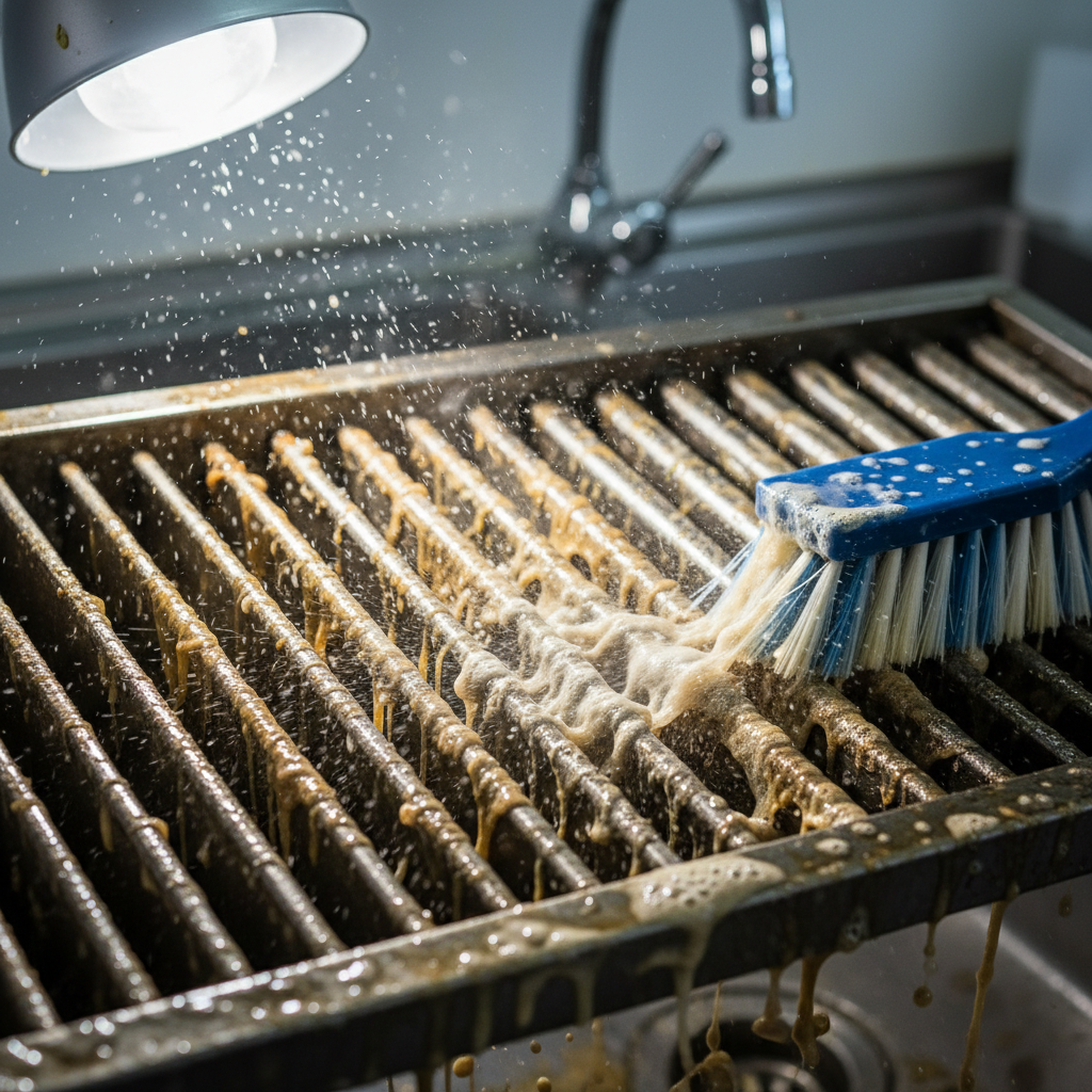 Close-up of greasy baffle filter during commercial hood cleaning with hot degreaser in Ontario, NFPA 96 aligned