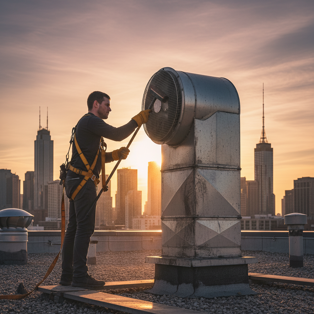 Rooftop exhaust fan and ductwork cleaning at sunset in Ontario by certified hood technicians
