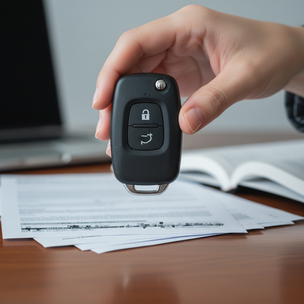Close-up of car key fob over blurred Ontario vehicle documents, illustrating title transfer process Ontario requirements