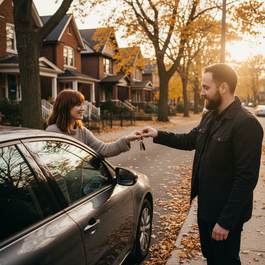 Side-angle photo of one person handing car keys to another near a sedan in a Toronto neighborhood, representing vehicle gift transfers