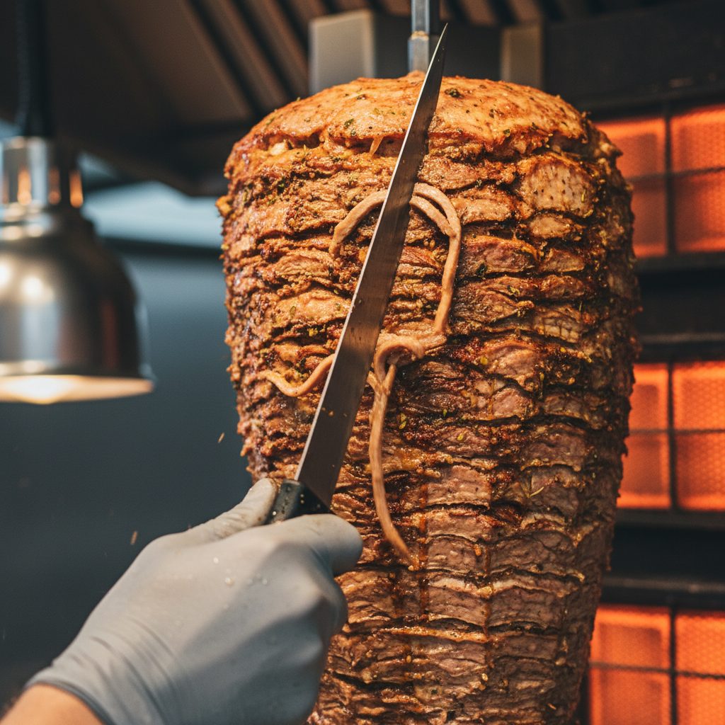 close-up of Turkish gyro meat being hand-sliced from a vertical rotisserie for authentic gyro near me in Toronto