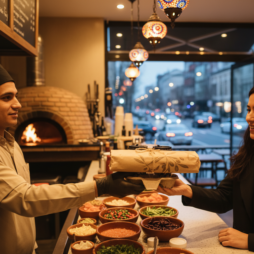 Toronto takeout handoff scene at a Turkish Mediterranean counter for gyro delivery and pickup