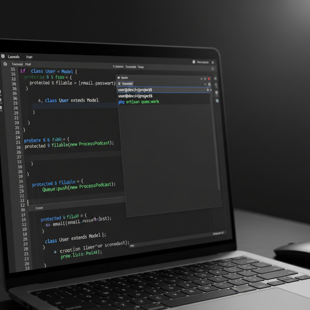Close-up of Laravel code editor and terminal showing queue workers and Redis configuration to scale a Laravel application