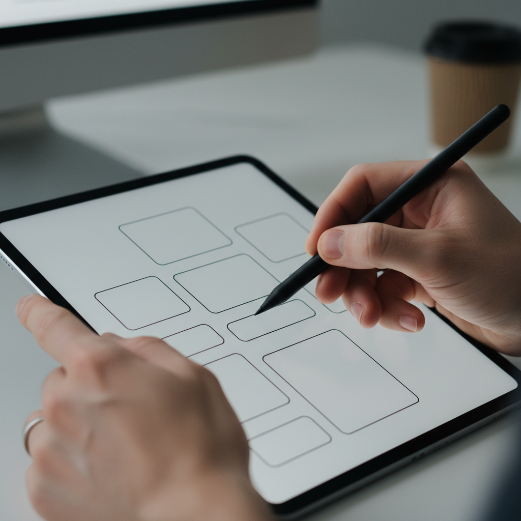 Photorealistic close-up of hands sketching a custom web app wireframe on a tablet with a stylus, UI components, American English alt text