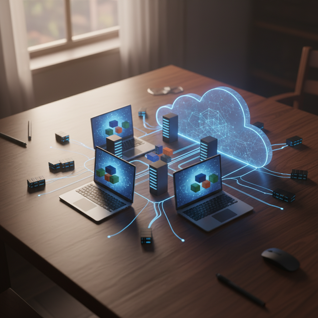 Top-down photo of cloud architecture models representing web app infrastructure and containers, American English alt text