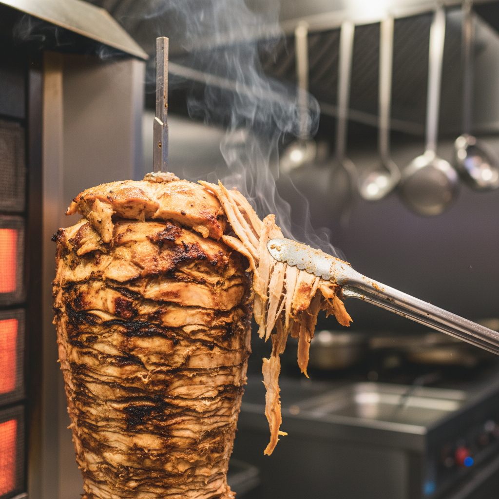 Close-up of authentic chicken shawarma shaved from a rotisserie for event catering in Toronto