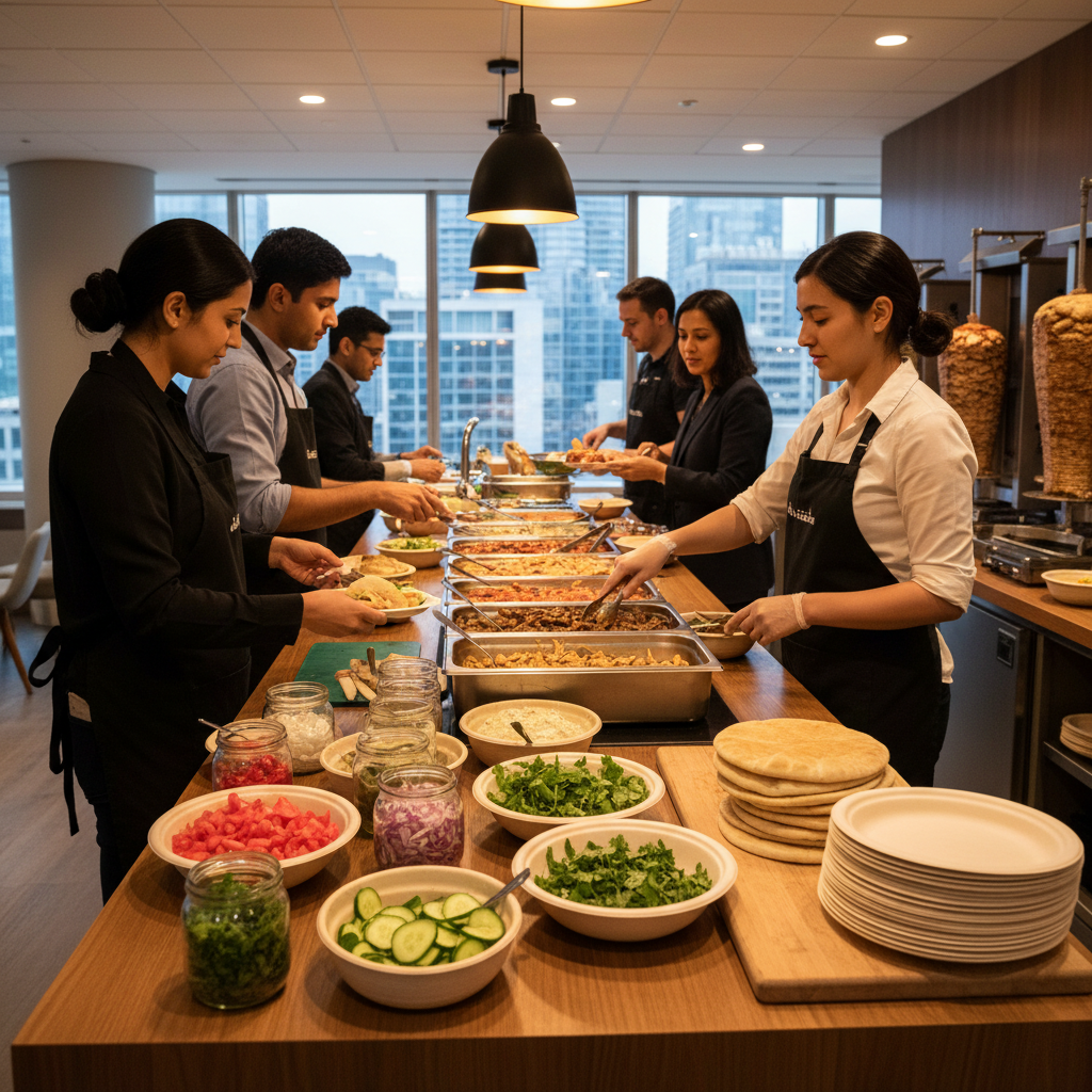 Build-your-own shawarma bar in a Toronto office with toppings, pita, and warming trays for corporate catering