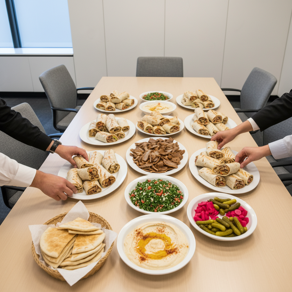 Corporate catering spread with shawarma wraps, gyro, and Mediterranean sides for a Toronto office lunch—ideal for shawarma and gyro near me orders