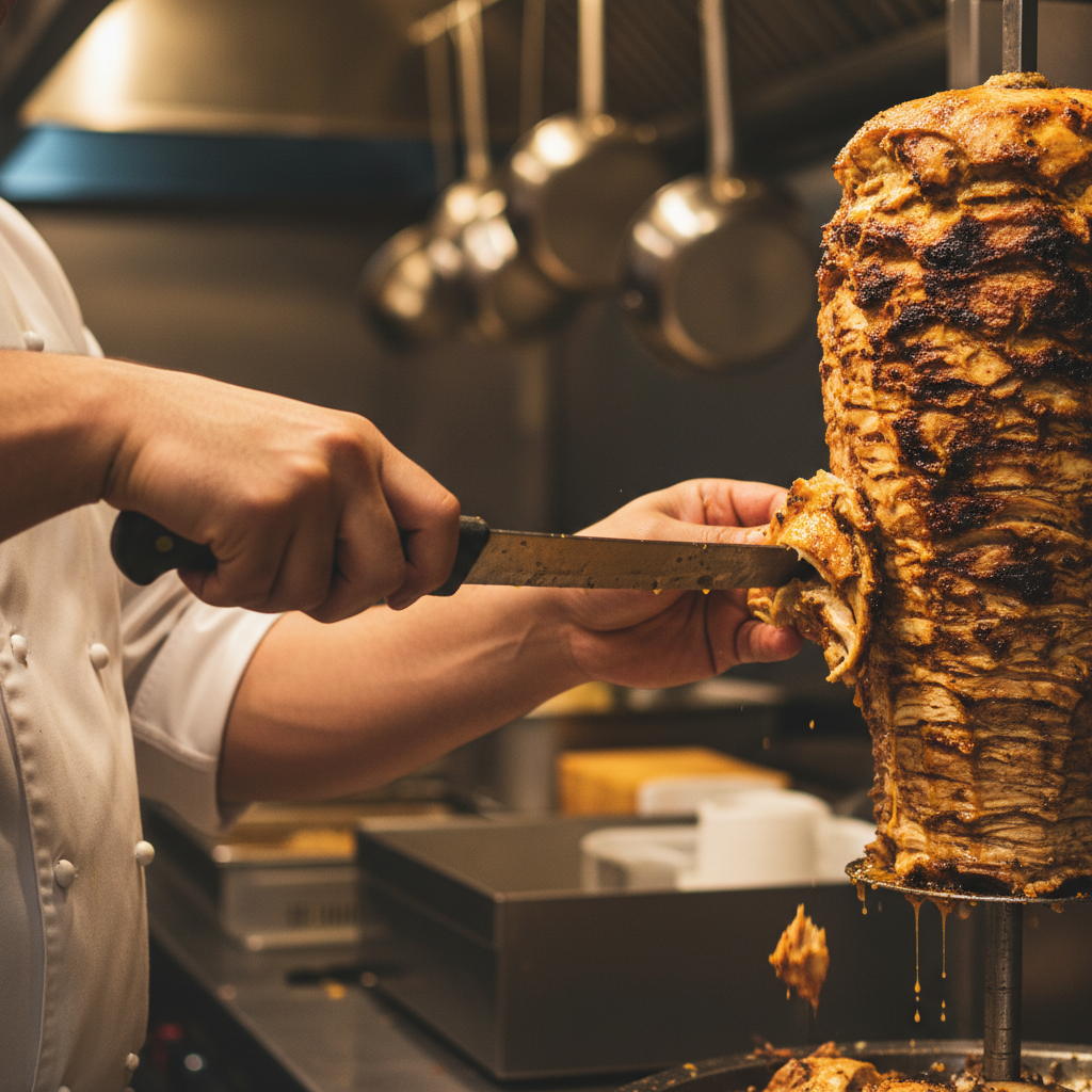 Chef slicing chicken shawarma from a vertical rotisserie, authentic Turkish detail for shawarma and gyro near me in Toronto