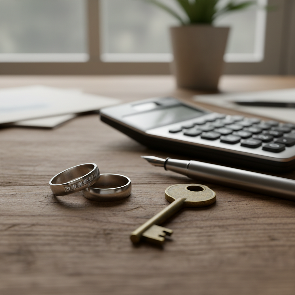 Close-up of wedding rings, house key, and pen symbolizing property division in a divorce agreement checklist