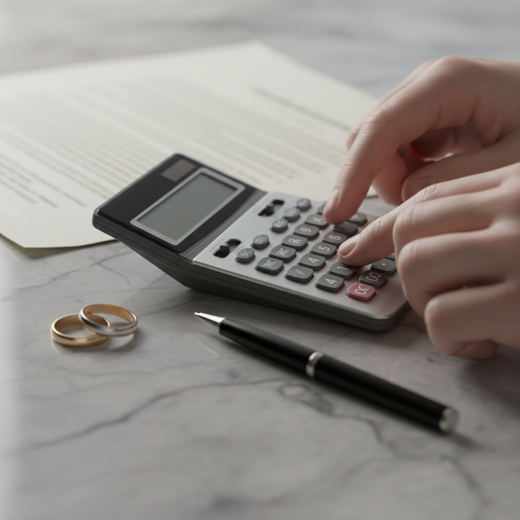 Close-up of calculator, legal document, and wedding rings illustrating spousal support calculation guide steps in Ontario
