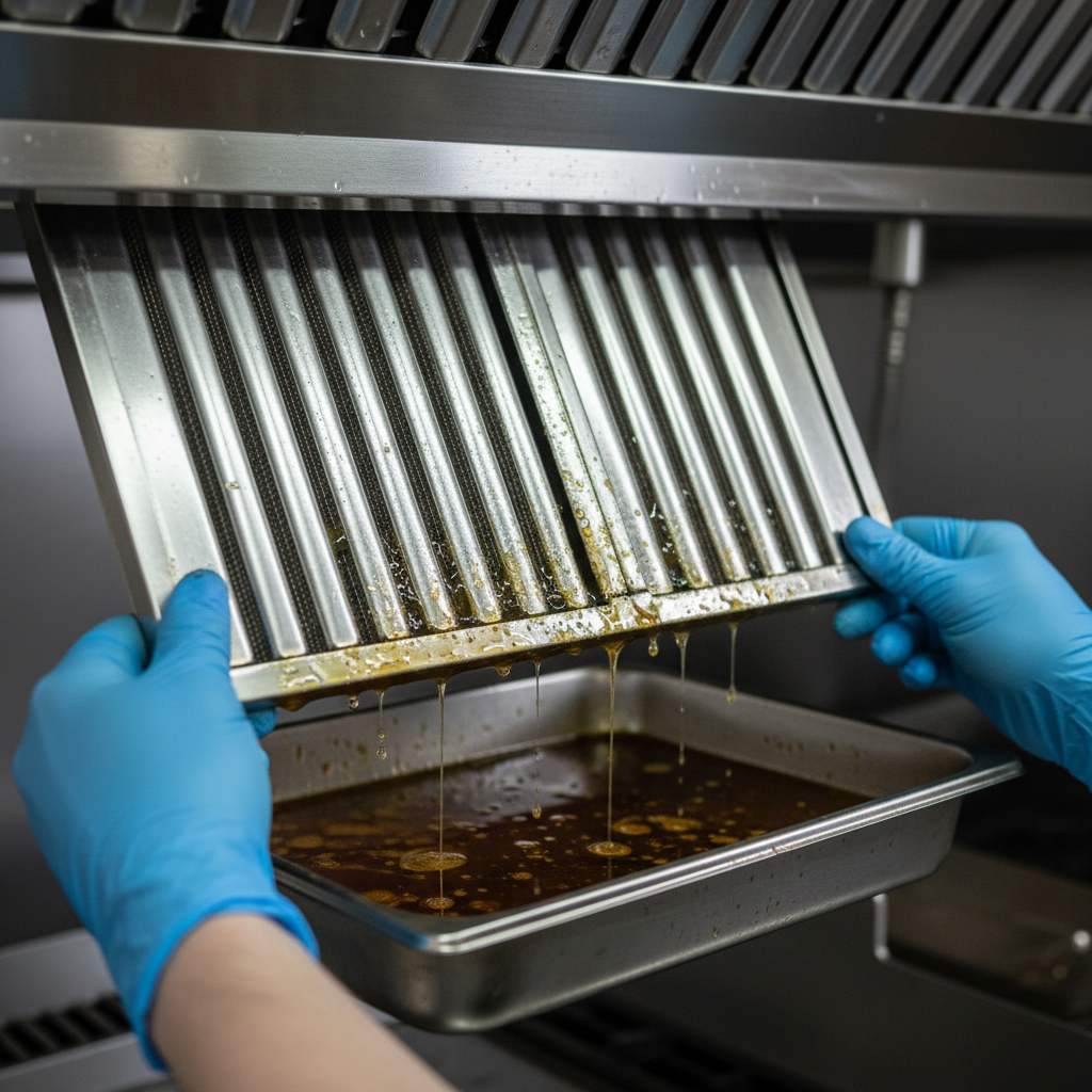 Close-up of baffle exhaust filter removal from commercial hood in Ontario kitchen