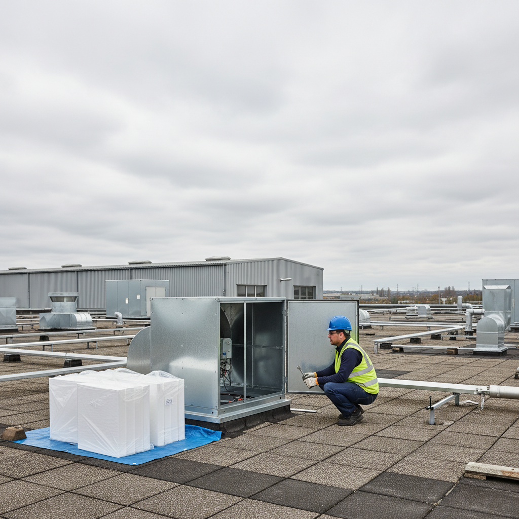 Rooftop exhaust fan housing open with replacement filters nearby in Ontario