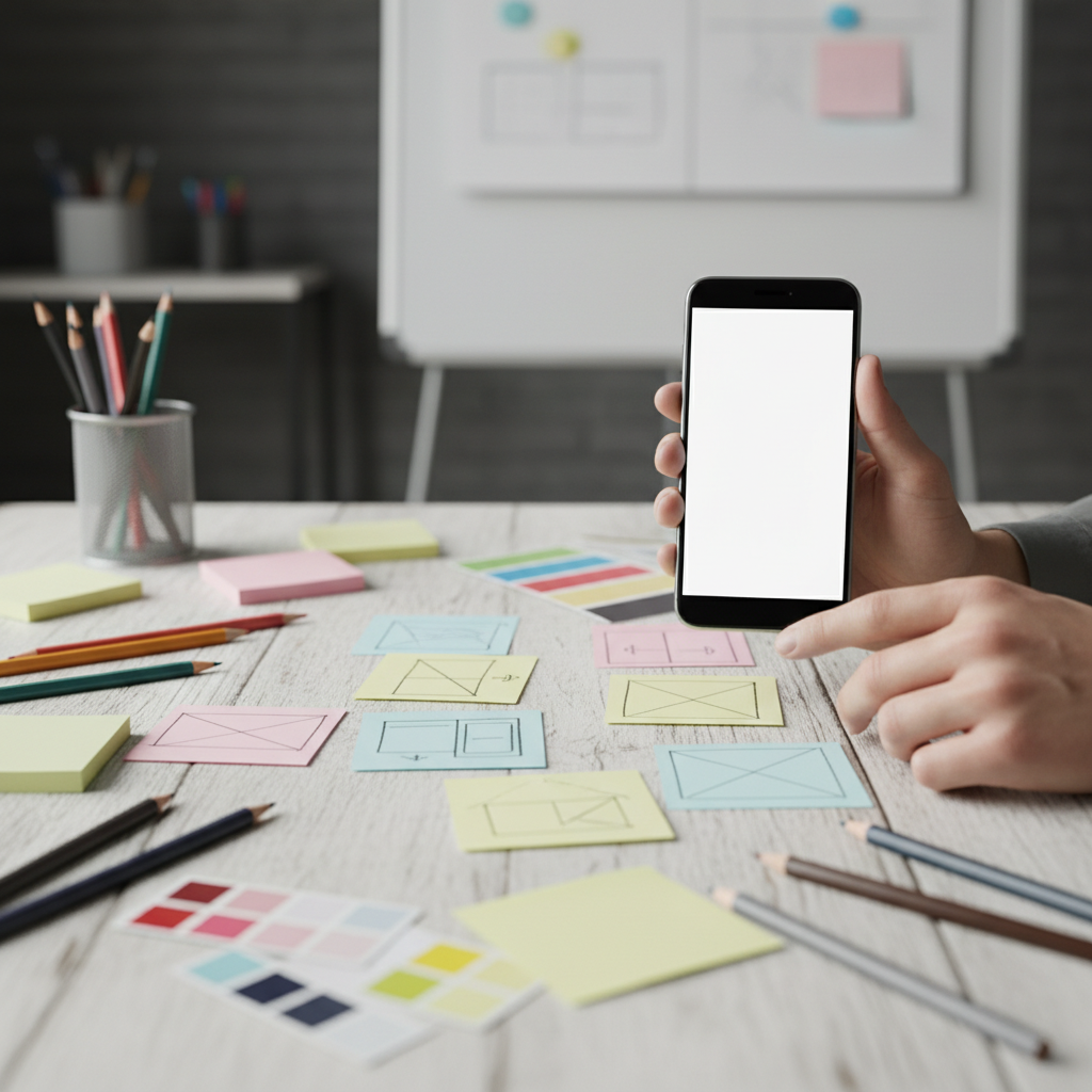 Detail shot of hands prototyping a mobile app UI with an unlabeled smartphone, illustrating discovery and design phase for web and mobile app development services
