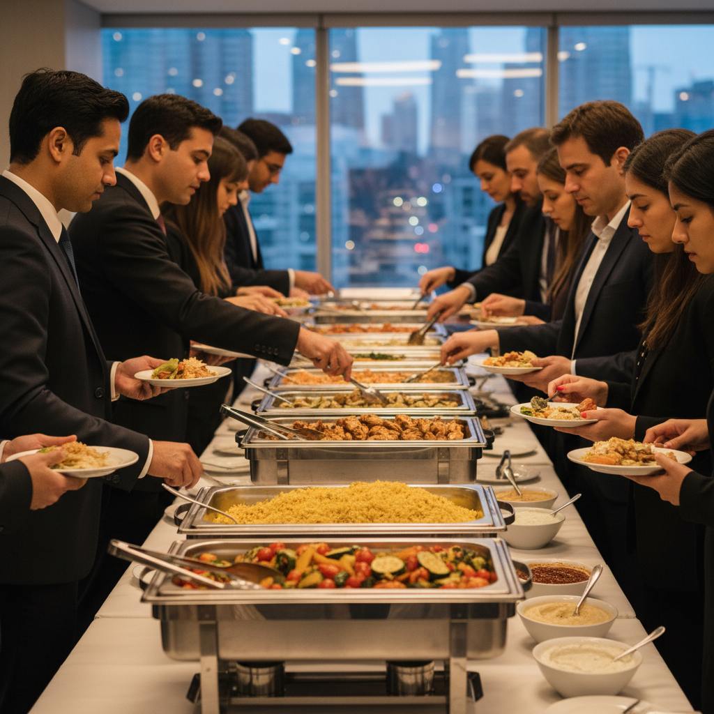 Office catering buffet with Mediterranean dishes in downtown Toronto, featuring shawarma, rice, roasted vegetables, and sauces