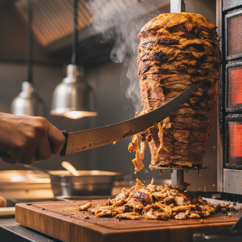 Close-up of authentic shawarma carved from a rotisserie in a Toronto kitchen, highlighting crispy edges and juicy slices