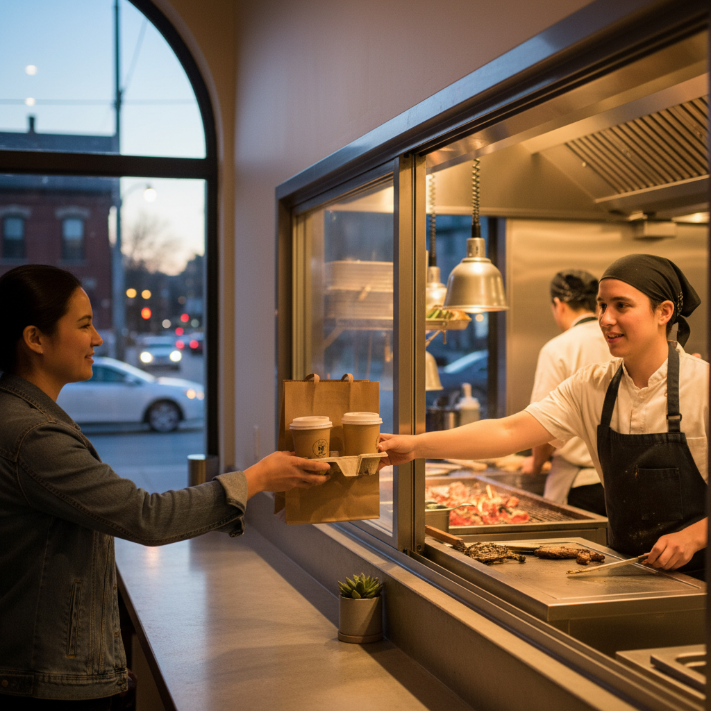 Takeout handoff at a quick-service counter in Toronto — Mediterranean takeout and shawarma pickup