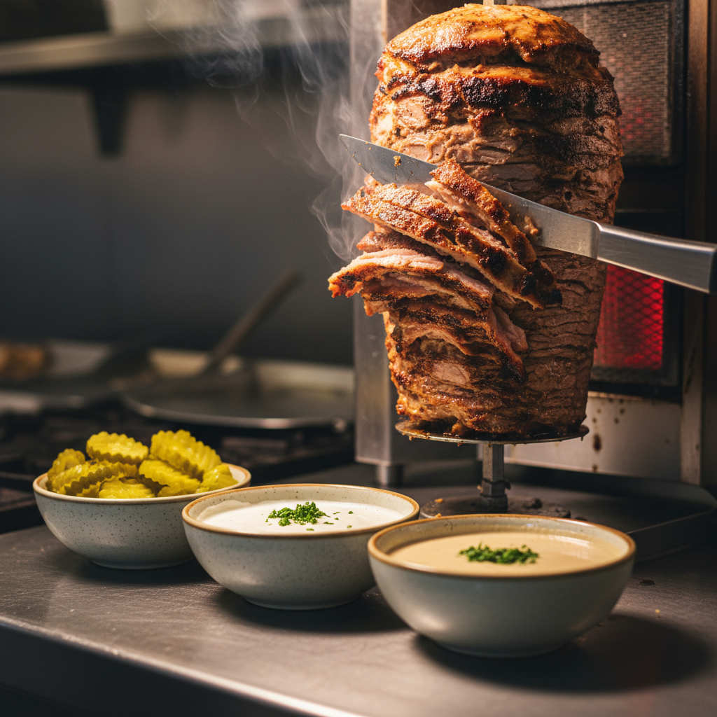 Close-up of shawarma carved from rotisserie with pickles, garlic sauce, tahini — authentic Mediterranean food near me in Toronto